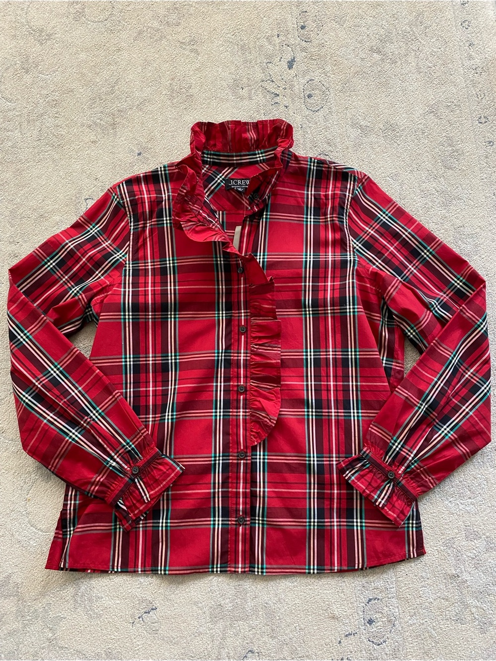 J. Crew Plaid Tartan Ruffle Blouse Red Green 6 Cotton Poplin Christmas Holiday